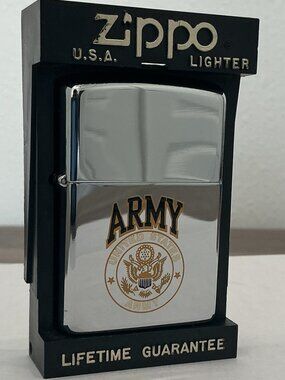 VINTAGE 90s ZIPPO US ARMY CHROME & GOLD LIGHTER UNFIRED (NOS)